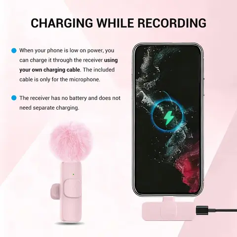 Pink Wireless Lavalier Microphone For iPhone & Android - Mini Clip-On Mic With Noise Cancellation, 65ft Range, 8H Battery, USB-C/Lightning - For Podcast, Live Streaming