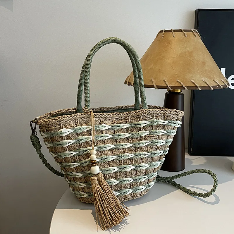 

Summer Woven Bags Shoulder Crossbody Bag For Women Sweet Tassel Handmade Rattan Handbags Ladies Beach Seaside Bags