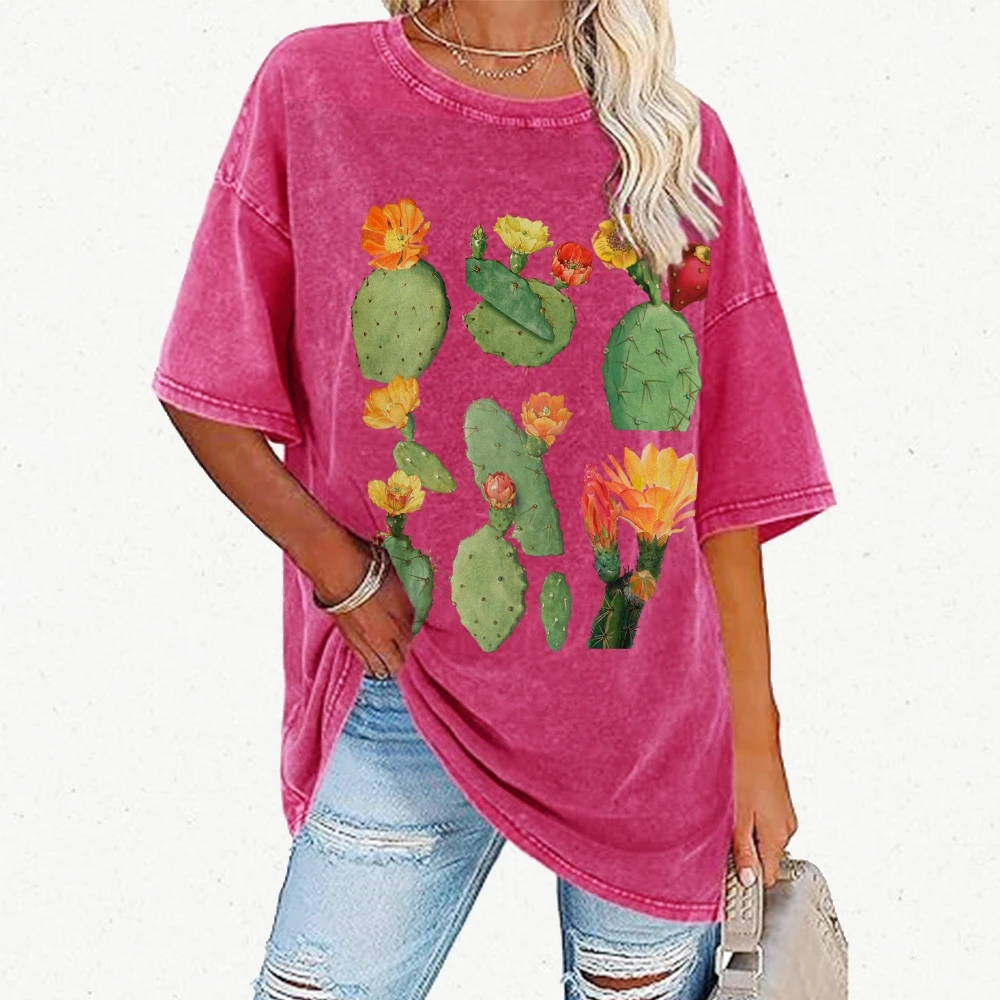 Botanical Cactus T-Shirt Nature Printed Shirt Vintage Unisex Washed T-Shirt Retro Women Clothing y2k Tee 90s Streetwear Shirt
