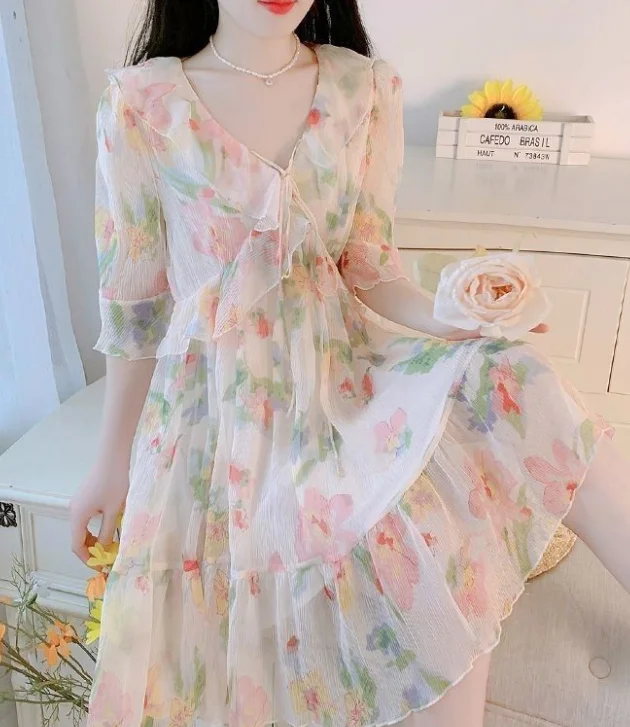 

Urban French Style Dress Woman Fresh Floral Print V-Neck Short Sleeved High Waisted A-Line Mesh Dress Fairy Style Elegant Dress