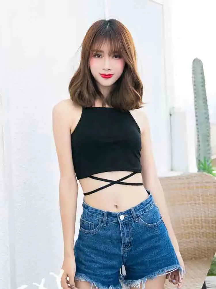 Summer 2025 Women's Sleeveless Bandage Crop Top Sexy Black Lace-Up Tank Blusa Fashion Tumblr Ladies' T-Shirt