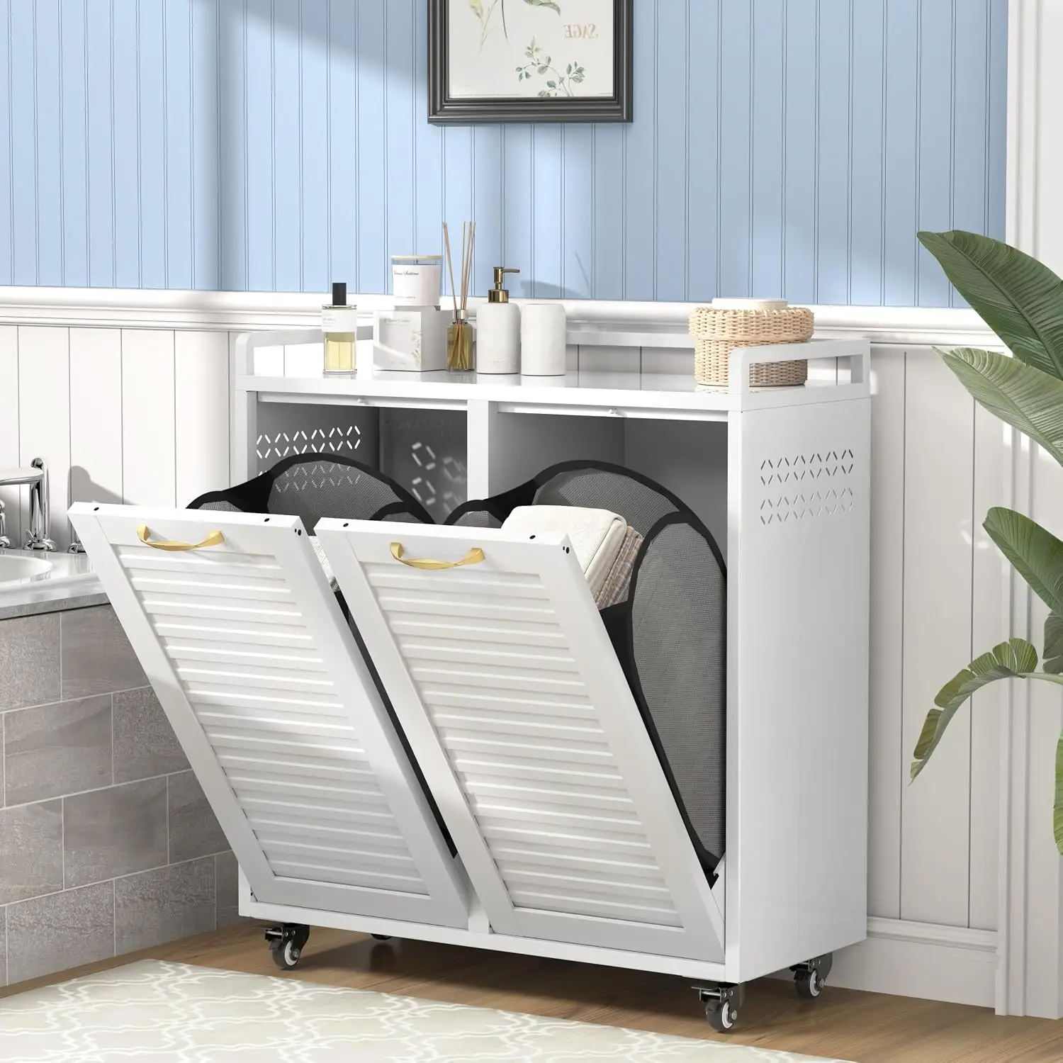 Double Tilt Out Laundry Hamper Cabinet with Locking Casters and Fixed Feet, 33 Gallon Laundry Sorter with 2, Customized