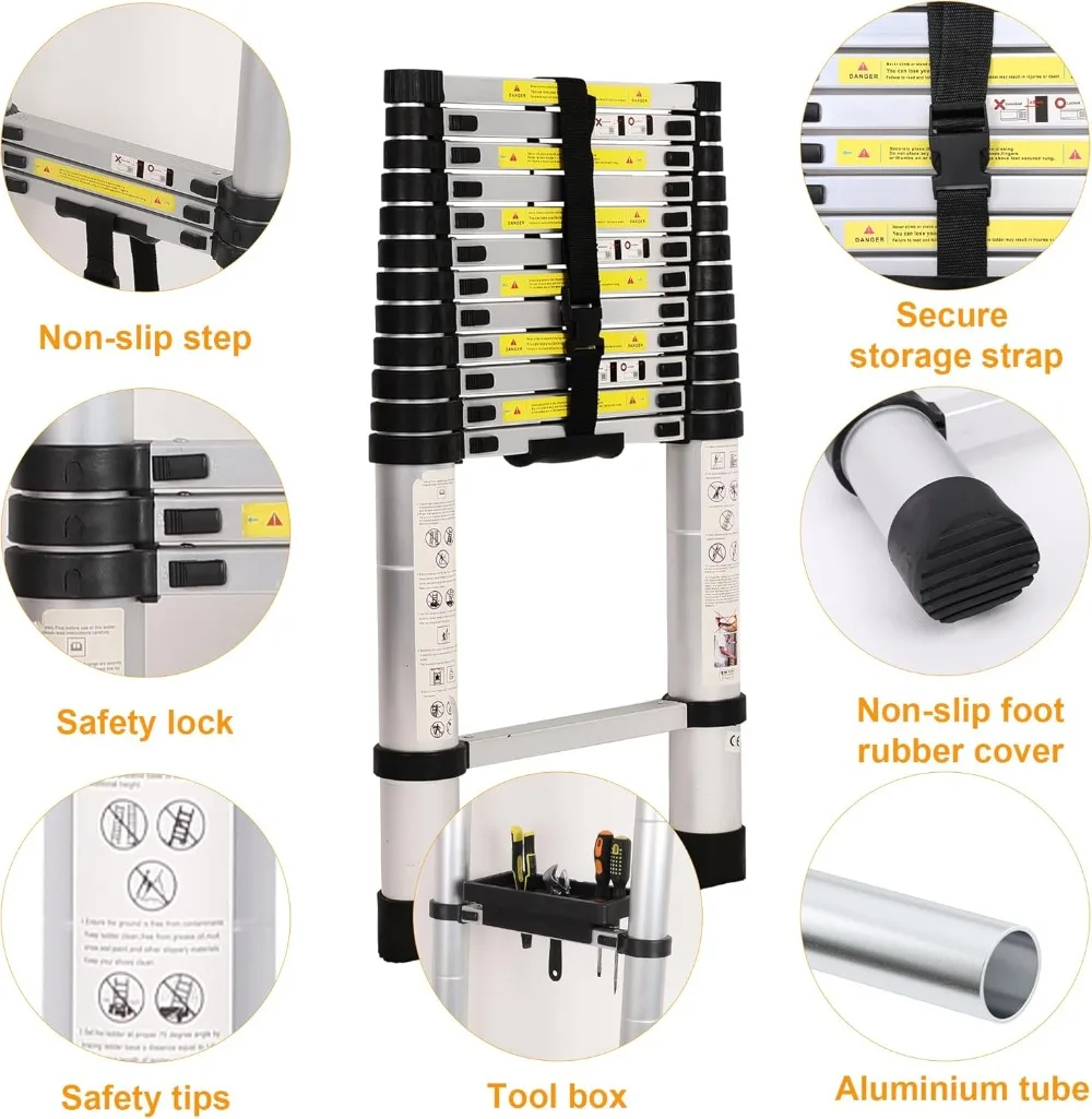 Échelle télescopique de 12.5 pieds, échelle d'extension légère en aluminium polyvalente avec pieds coordonnants