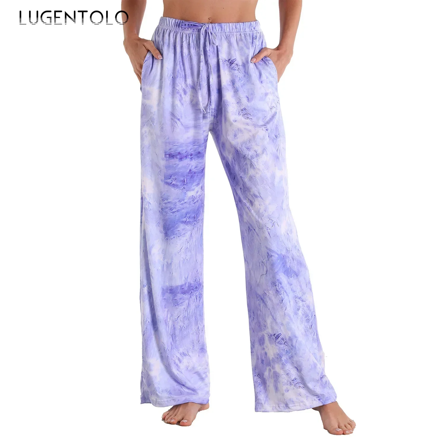 Women Elastic Waist Pants Casual Trousers Home Sport Print Plaid Stripe Loose Thin Sppring Female Polyester Straight Cloth