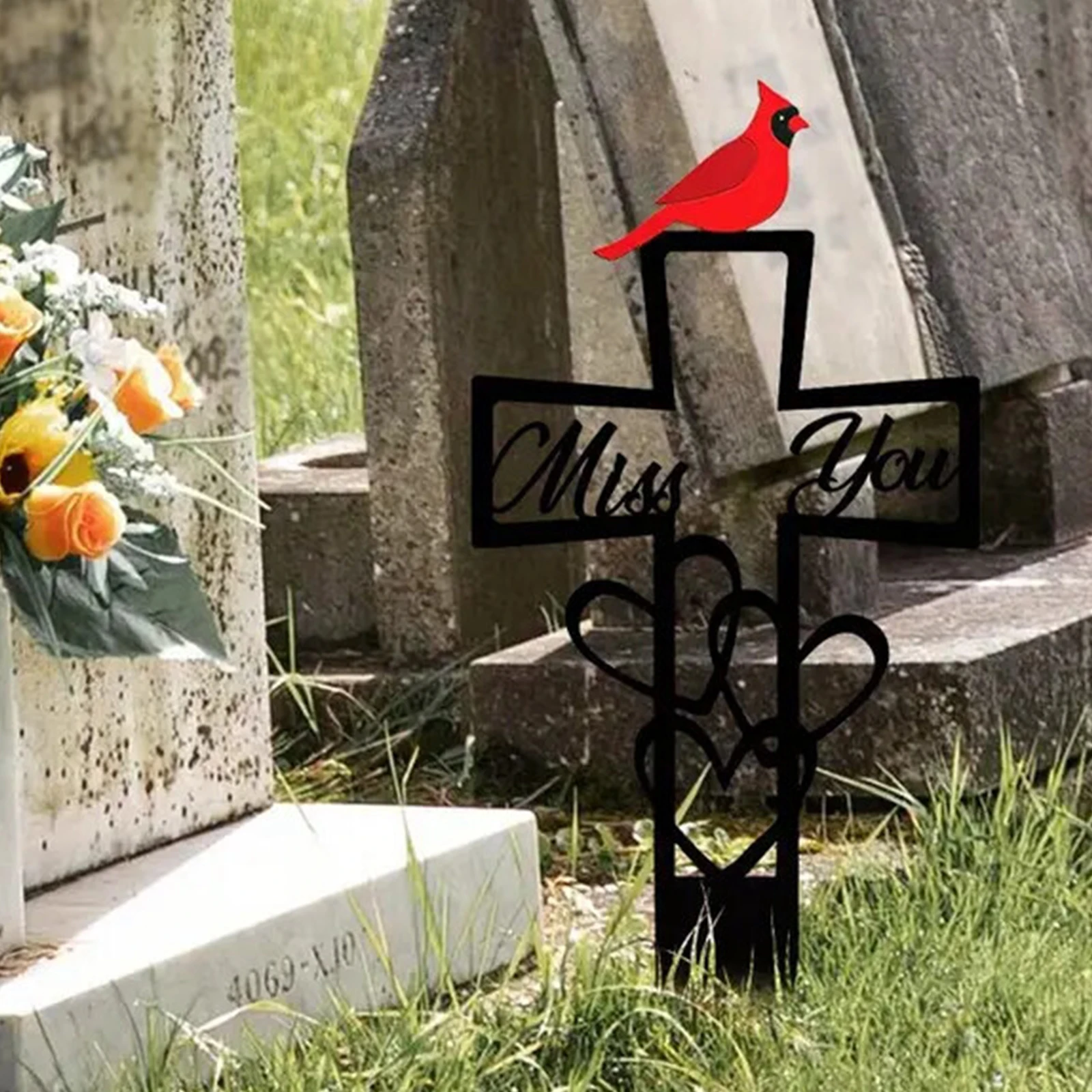 Metal Cemetery Memorial Plaque with Miss You Script & Heart Accent Cross Grave Marker for Cemetery Garden Memory Tribute