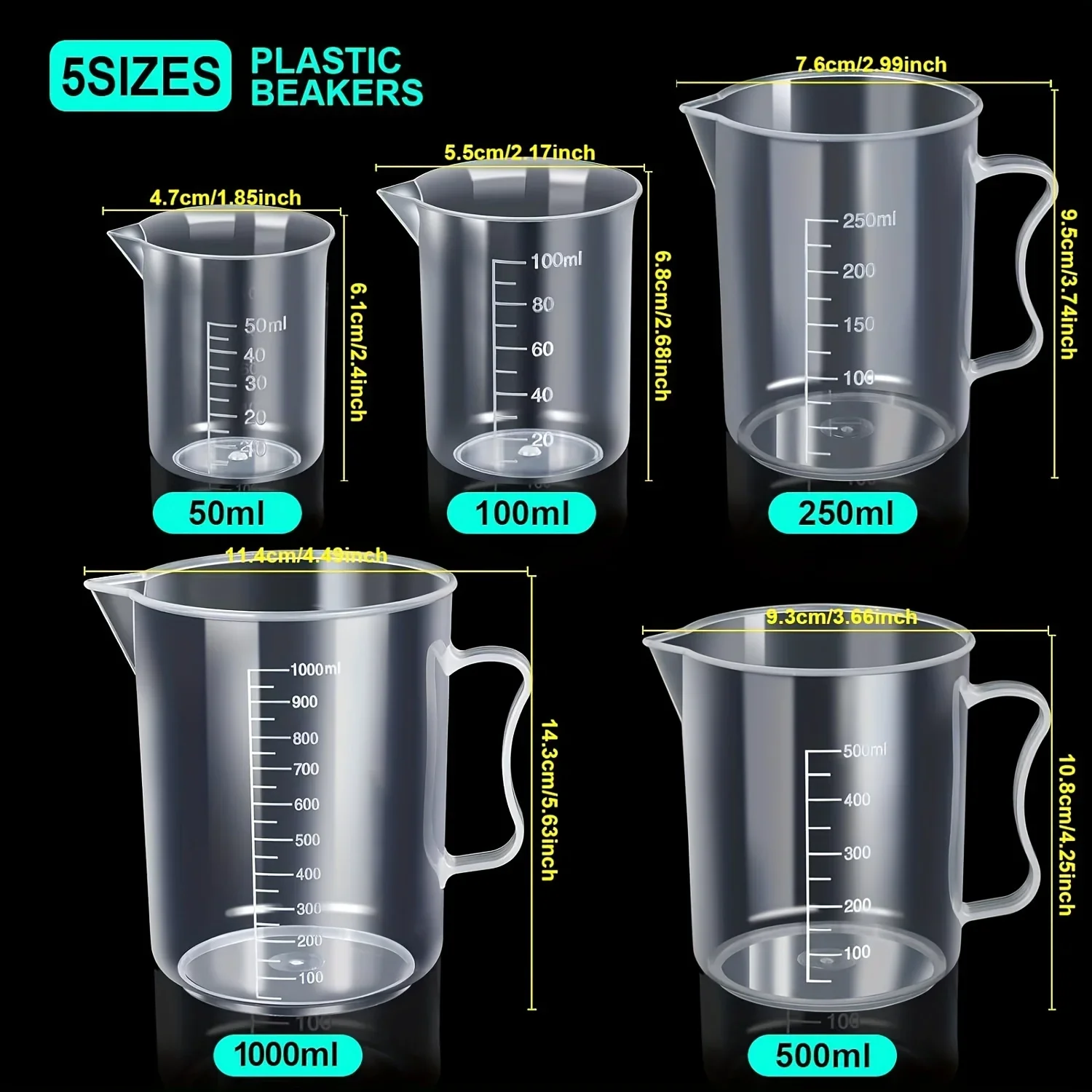 5pcs Plastic Graduated Cylinder 10-250ml & 5pcs Plastic Beaker 50-100ml Lab Set for School Science Experiment Chemistry Teaching