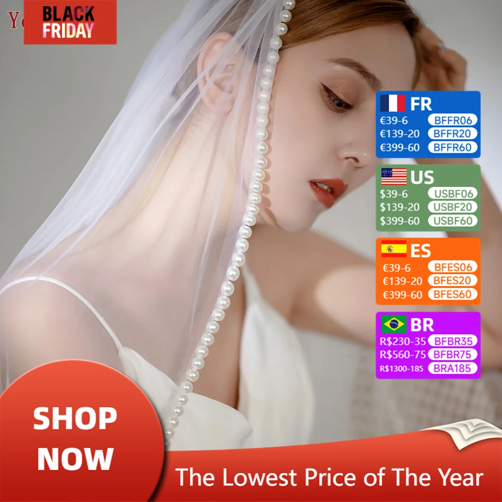 YouLaPan V119 Elegant Bridal Veil Pearl Edge Wedding Veil กับหวีผม1ชั้นปลายนิ้ว Veil อิตาเลี่ยน Tulle