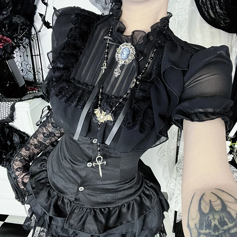 Gothic Lace irt Bla Lolita Top k Cos Pure Desire High-End Sensation loween Costume Women's ort Sve Slim Fit Bl...