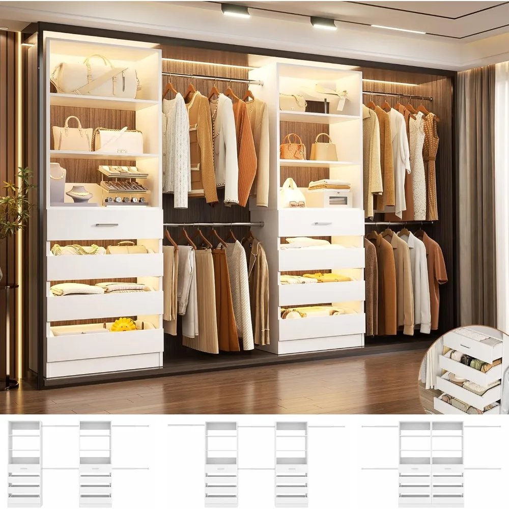 

6-15Ft Closet Organizer with 8 Wooden Drawers, Wood Closet Organizer System with Tower, Wardrobe Clothes Rack w/4 Hanging Rods