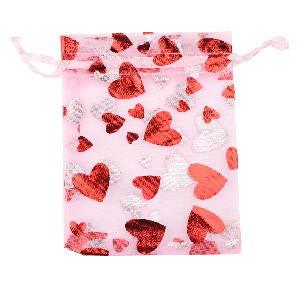 25pcs/lot Organza Gift Bag Hot Red Printing Love Heart Drawstring Pouches For Wedding Valentine Day Gift Bag Party Candy Packing