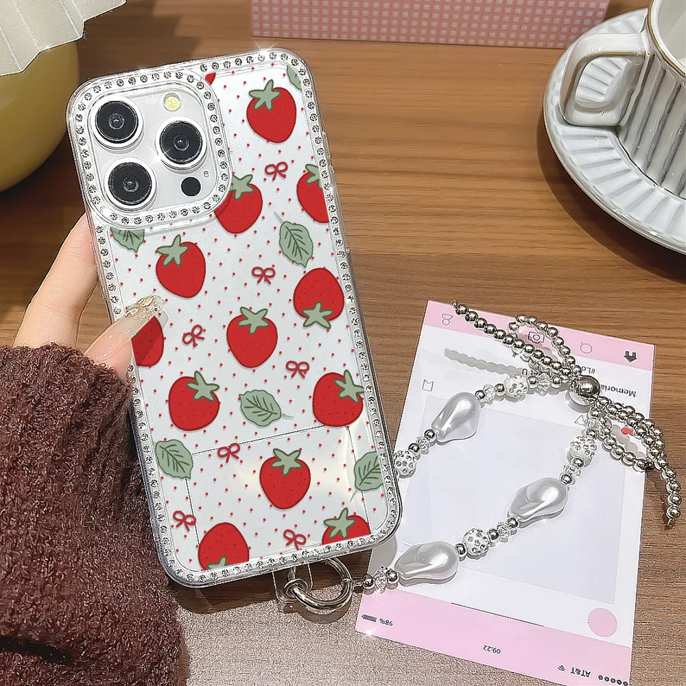 Luxus Diamant Erdbeere Telefon Fall Für iPhone 17 Pro Max 16 15 11 13 14 12 Luft Transparente Stoßfest Abdeckung funda Mit Lanyard