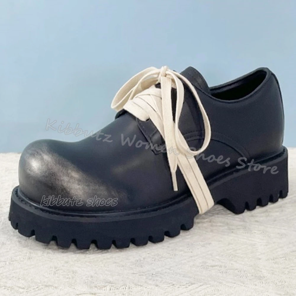 

Lace-Up Big Head Pumps Genuine Leather Vintage Solid Color Fashion Elegant Novelty Concise Sexy Women Shoes Chunky Heels Newest