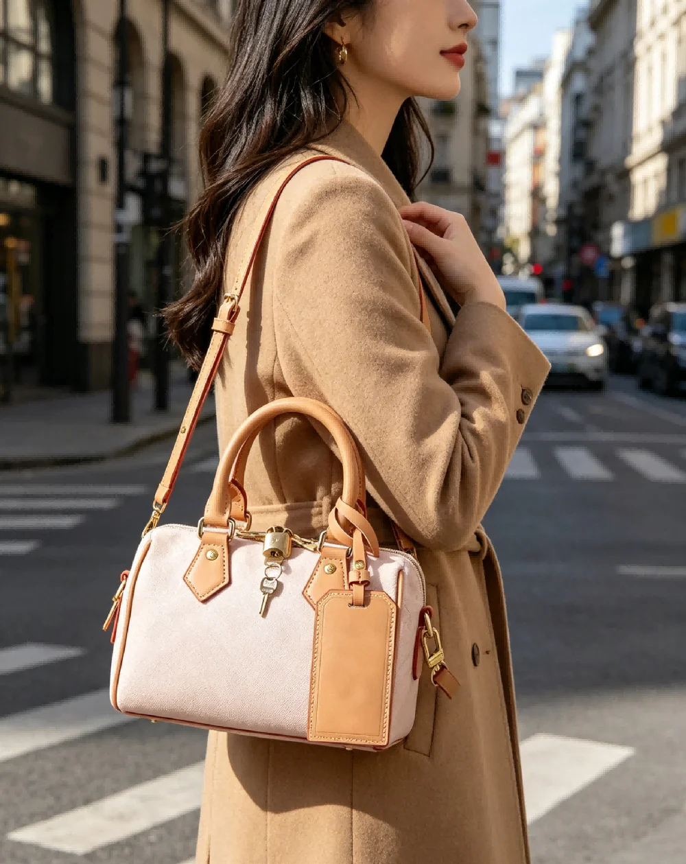 

Women Pink and Brown Trim Shoulder Bag, Two-Tone Top Handle Handbag for Casual Outings and Weekend Trips