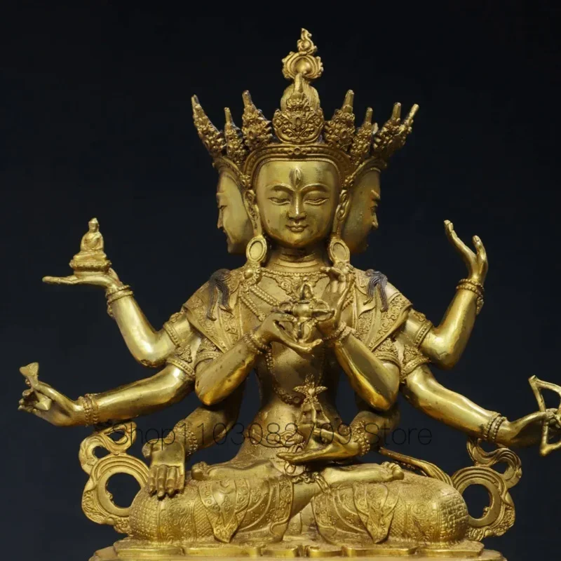 29cm Nepalese Tibetan Brass Gilded Pure Honorable Buddha Mother with Three Sides and Eight Arms Buddha Statue