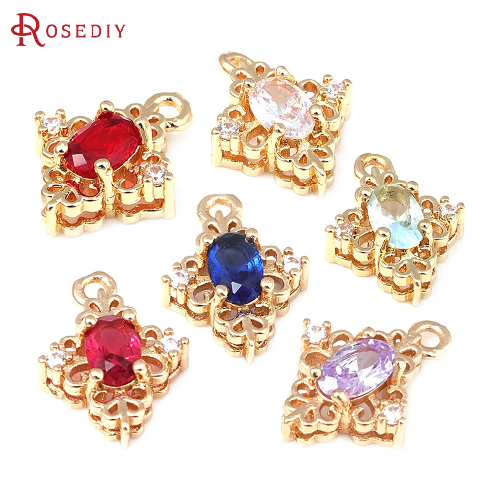 6PCS 18K Gold Color Brass and Zircon Rhombus Charms Pendants Diy Jewelry Making Supplies Necklace Earrings Accessories for Women