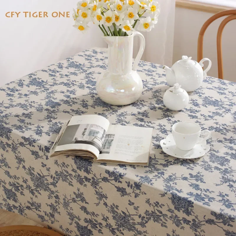 Korean Style Retro Blue Print Solid Rectangular Tablecloth Washable and Oil Resistant Coffee Table Mat Table Cover