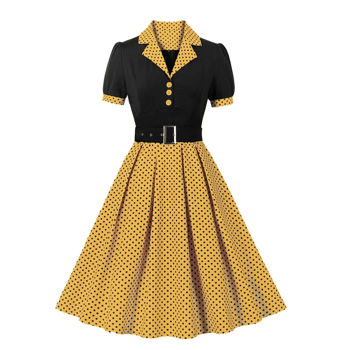 Hot Selling Commuting Art Retro Polka Dot Short Sleeved Lapel Dress with Belt in Europe and America