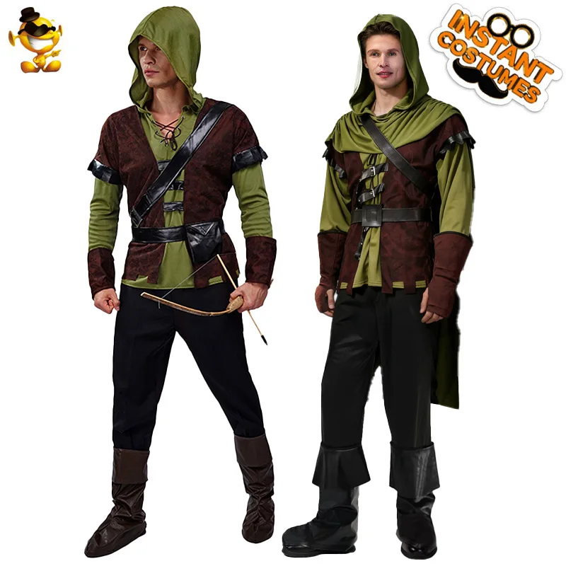 Disfraz de Arquero de Robin Hood para Hombre, Traje Medieval de Cazador del Bosque con Capucha, Disfraz de Carnaval de Halloween para Adultos, Traje de Fantasía Renacentista