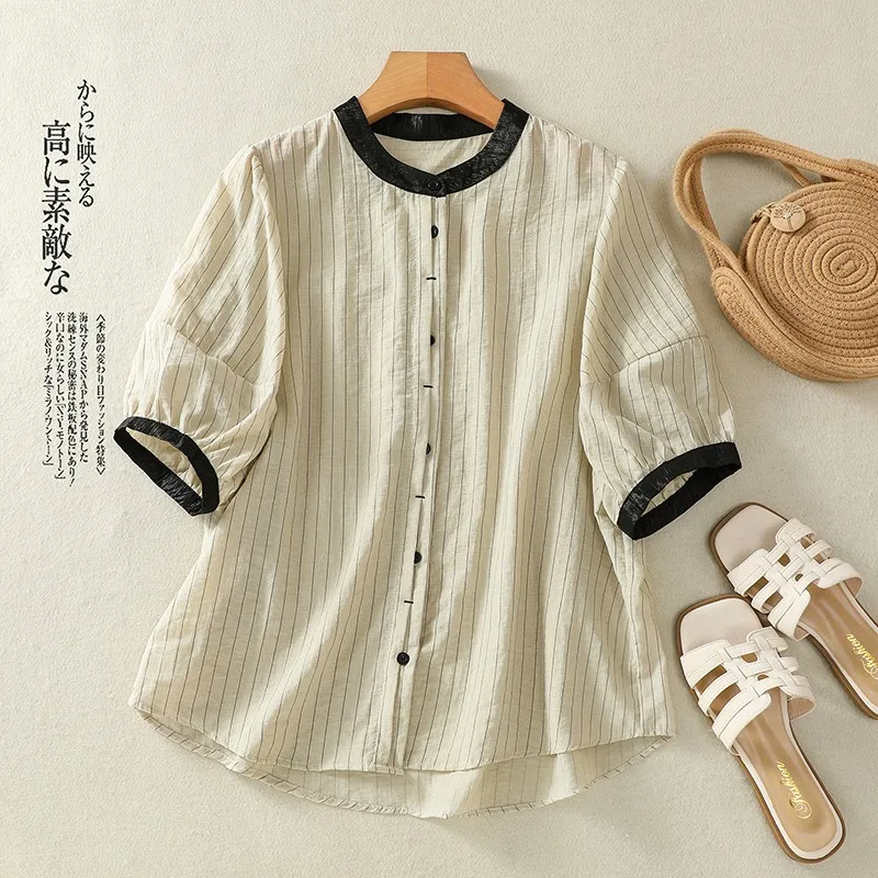 2024 New Arrival Summer Loose O-neck Short Sleeve Casual Cotton Linen Striped Women Blouse Single Breasted Cotton Linen Shirts