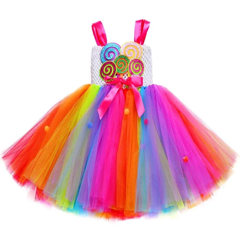 Meninas pirulito doce tutu vestido arco-íris menina festa de aniversário tule vestido carnaval traje de halloween para crianças vestido de princesa