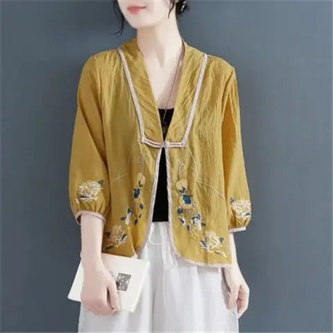 

Embroidered literary cotton and linen cardigan shirt women's short summer new ethnic style retro buttoned top coat