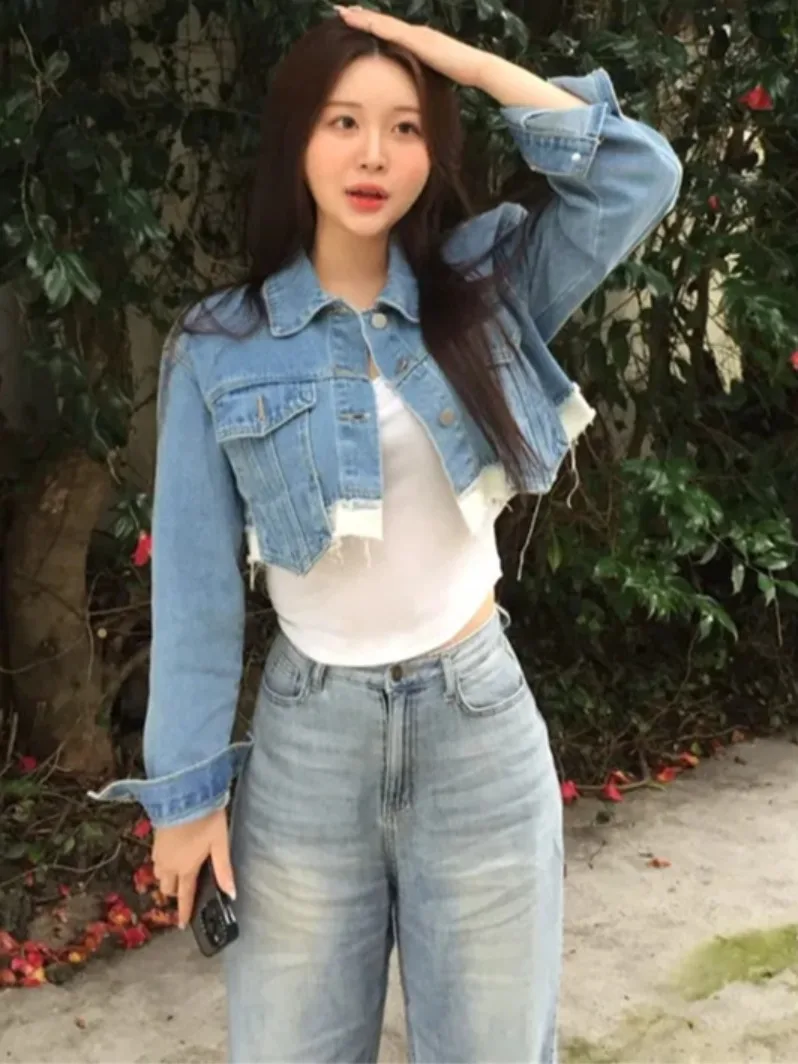 

Chic Spring Vintage ort Casual Collar Loose Versatile Plaid Single Button Women's Denim Jaet Faionable Casual Wear