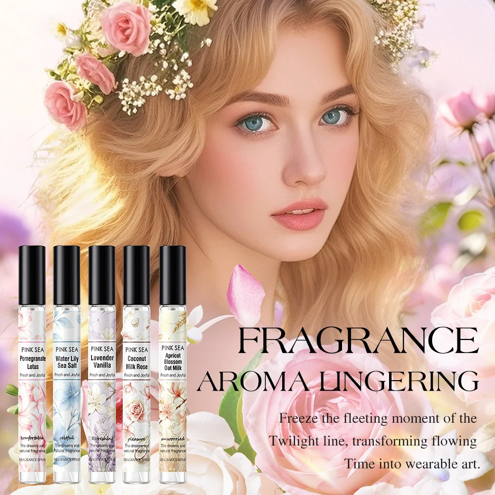``` PINK SEA 5x10ml Portable Perfume Spray Set Water Lily Sea Salt Apricot Oat Milk Coconut Rose Lavender Vanilla Light Fragranc