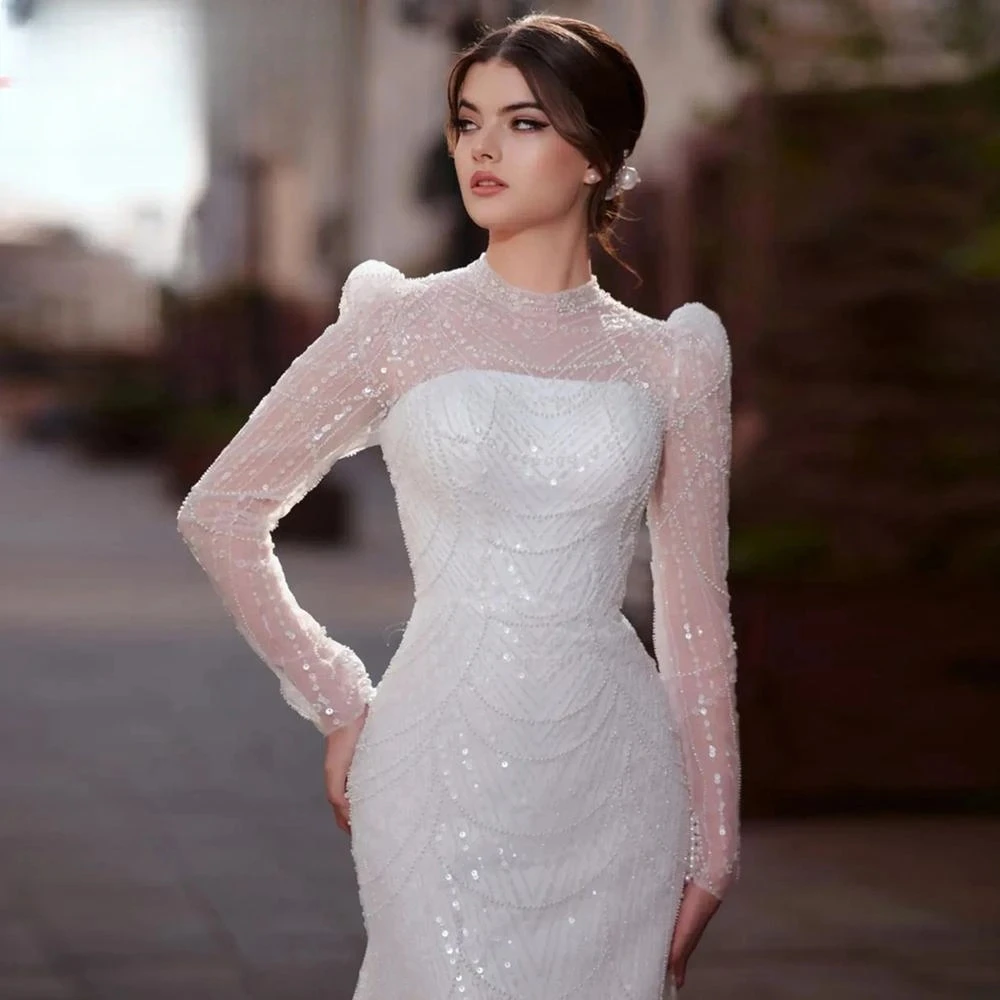 Modest High Neck Wedding Dress Sequins Sparkly Full Sleeves Mermaid Beads Bride Robe Elegant Pearls Long Bridal Evening Dress