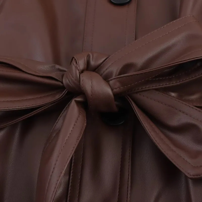 EAEOVNI 여성을위한 빈티지 PU 가죽 자켓 패션 브라운 옷깃 버튼 벨트 모여 허리 짧은 코트 streetwear 2025 가을 새로운