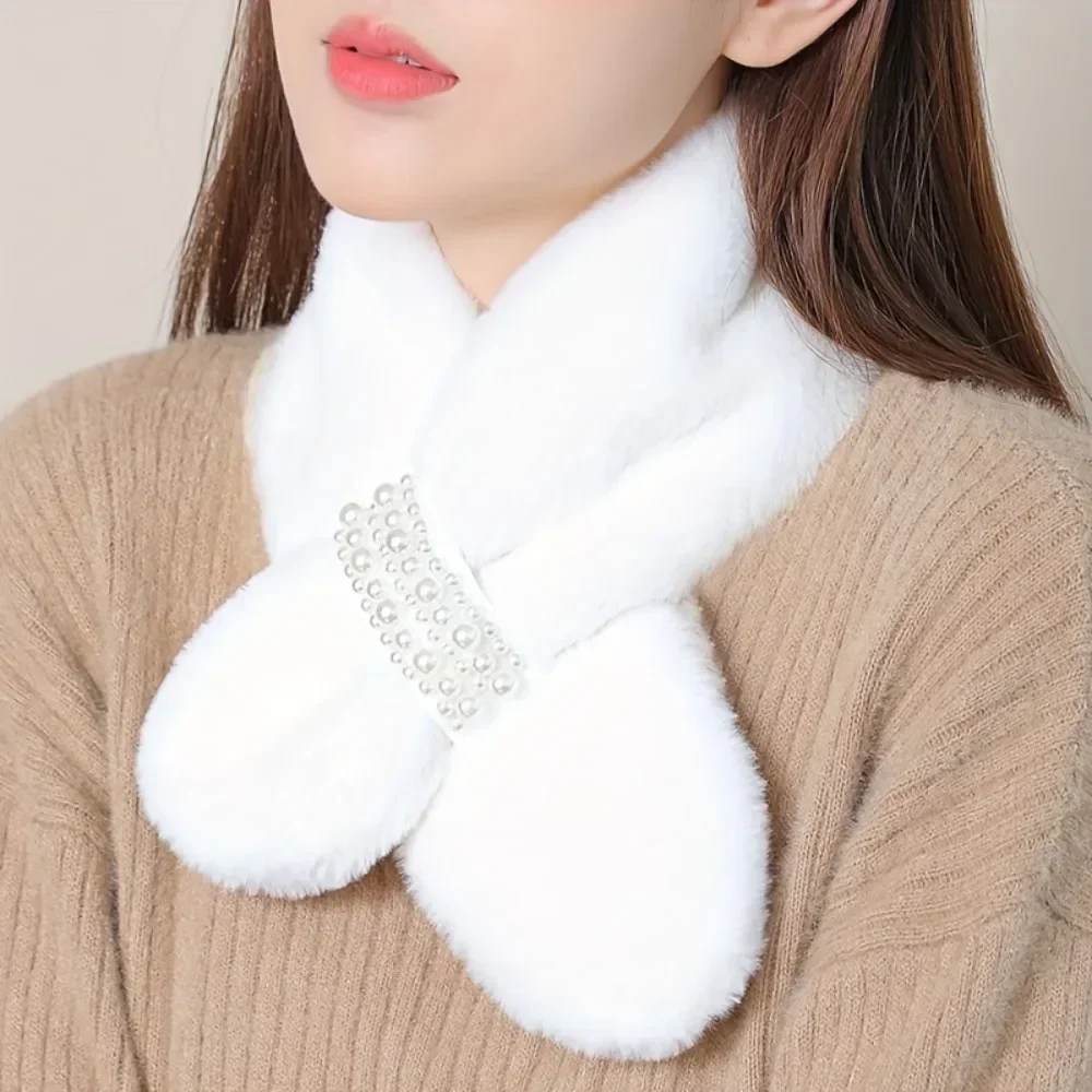 Women Winter Scarf Faux Fur Plush Neck Warmer Soft Warm Collar Scarf with Pearls Elegant Gift for Her Christmas New Year