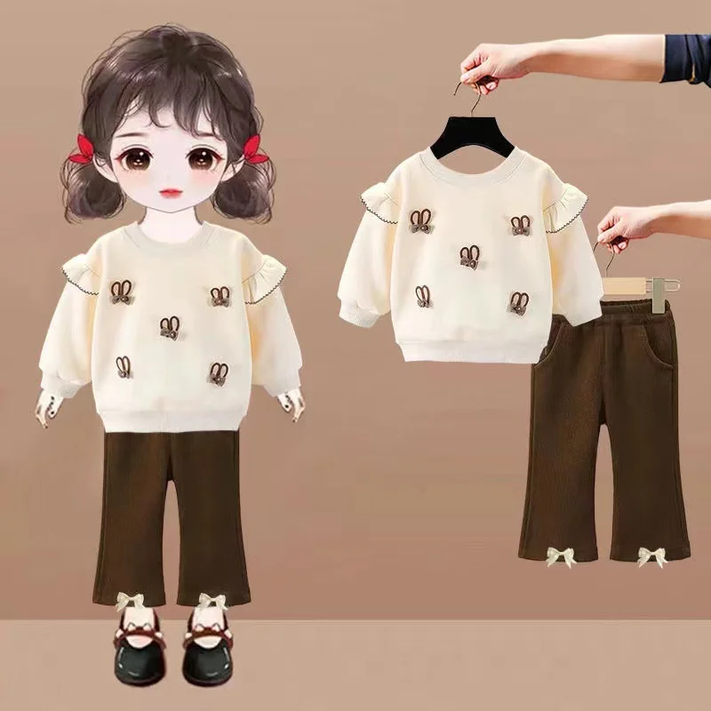 2026 Girls Sets Spring Autumn Ruffle Rabbit Ear Sweatshirt+Pants 2Pcs Kids Long Sleeve Clothing Suits Children Sweet Outfits