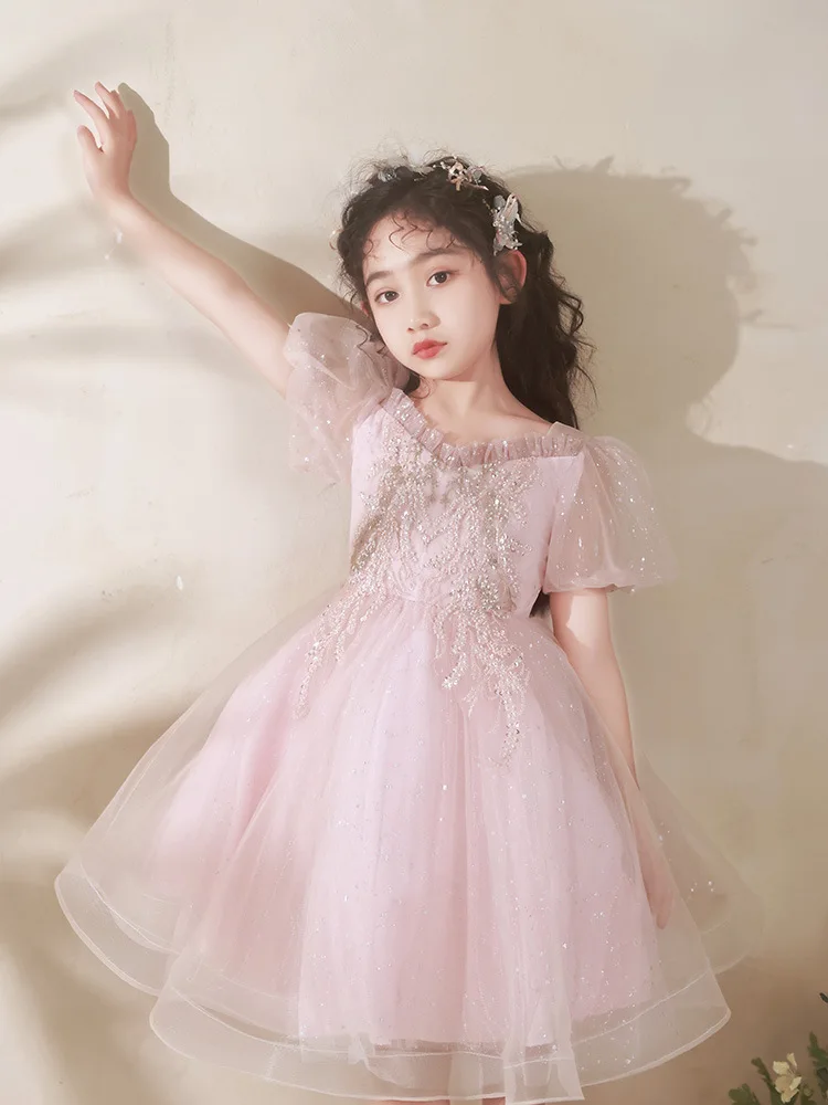 Girls Pink Short Princess Dress Summer Sweet Tulle Puff Sleeves Ruffle Collar Kids Evening Dresses Homecoming Banquet Ball Gowns