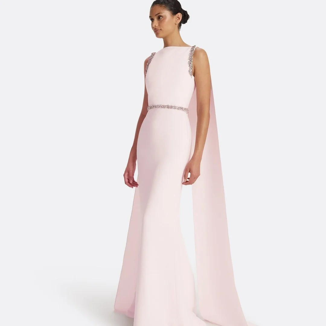 Mila Rosa claro cuello redondo sin mangas con cuentas hombro capa cintura de cristal vestidos de fiesta personalizados falda larga ajustada noche Formal