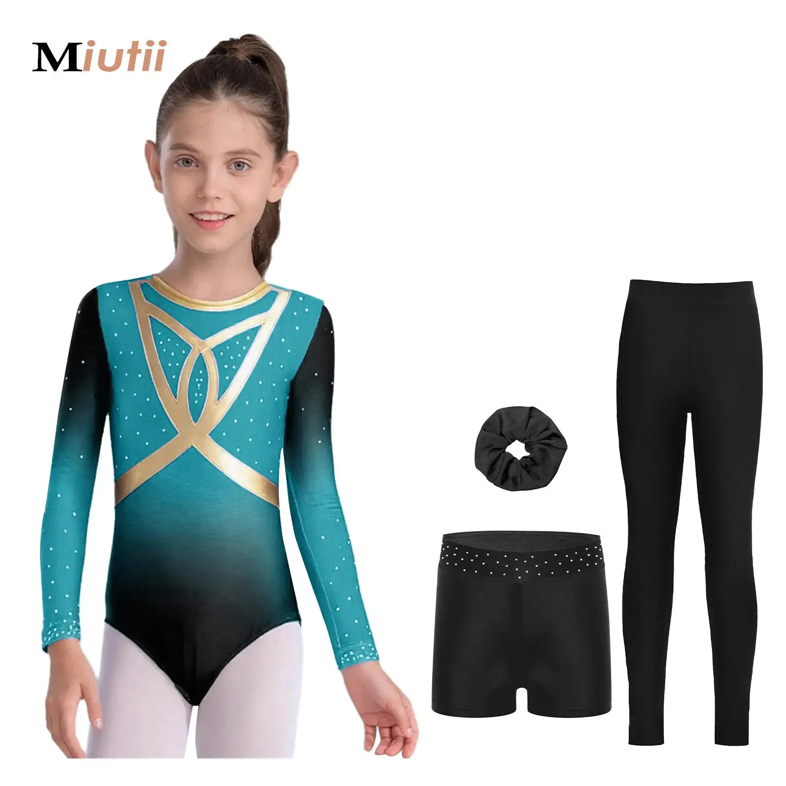 

Купальник с длинными рукавами для девочек, художественная гимнастика, градиентный облегающий боди, трикотаж для фигурного катания, комбинезон, спортивные леггинсы, комплект с шортами