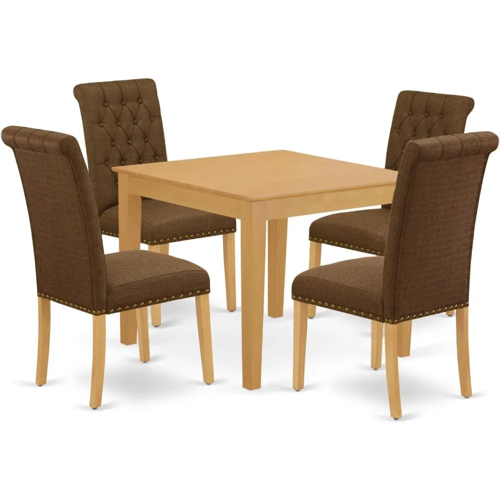 5 Piece Room Furniture Set Includes A Square Dining Table and 4 Brown Linen Fabric Upholstered Chairs, 36x36 Inch, Dining Tables