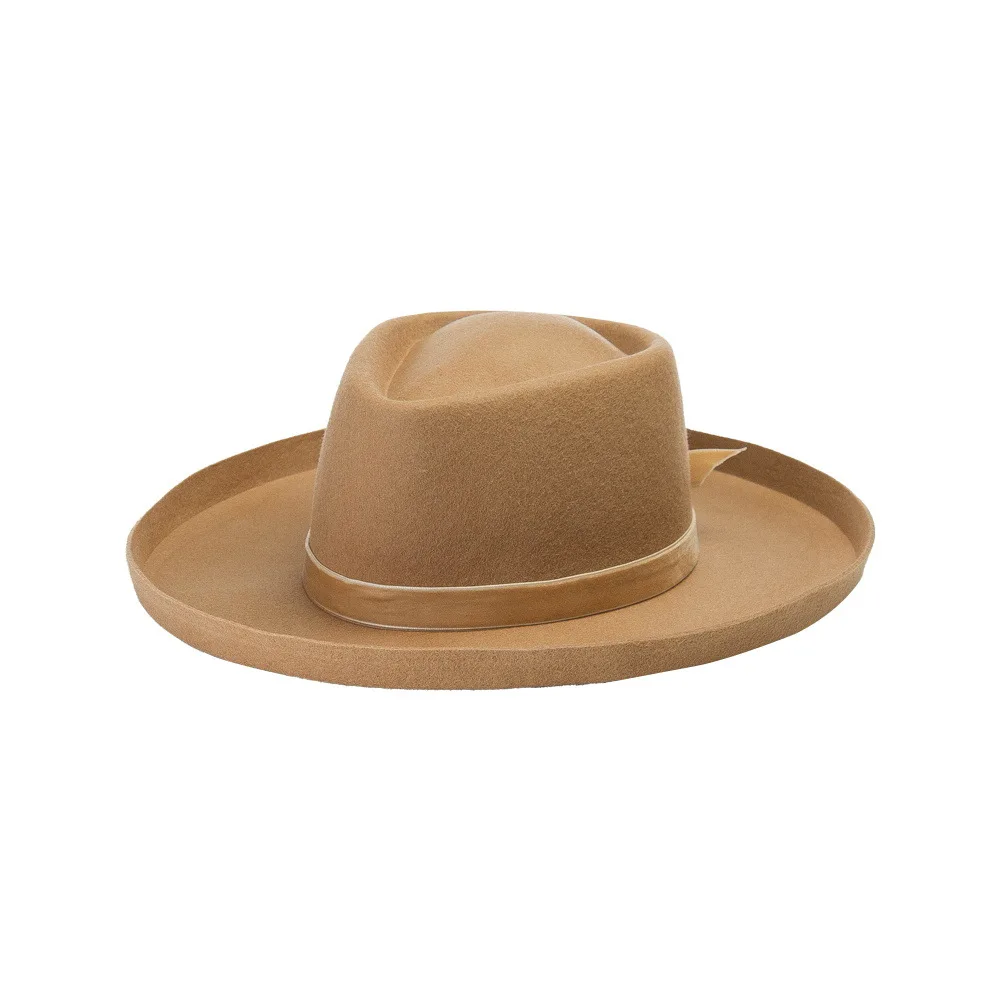 Simple Fashion Velvet Decorative Wide Brim Woolen Jazz Hat with Rolled Edge for Travel Photography and Stage Styling