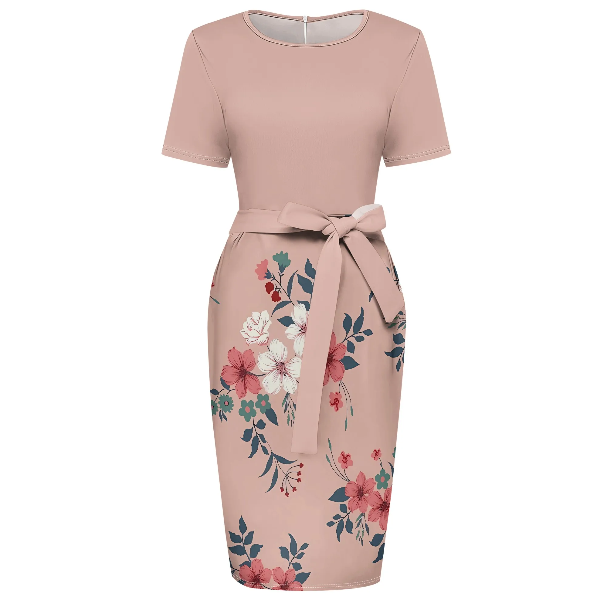 Abito da donna con stampa floreale Nupusa, taglia standard, casual, girocollo, manica corta, abito con cintura