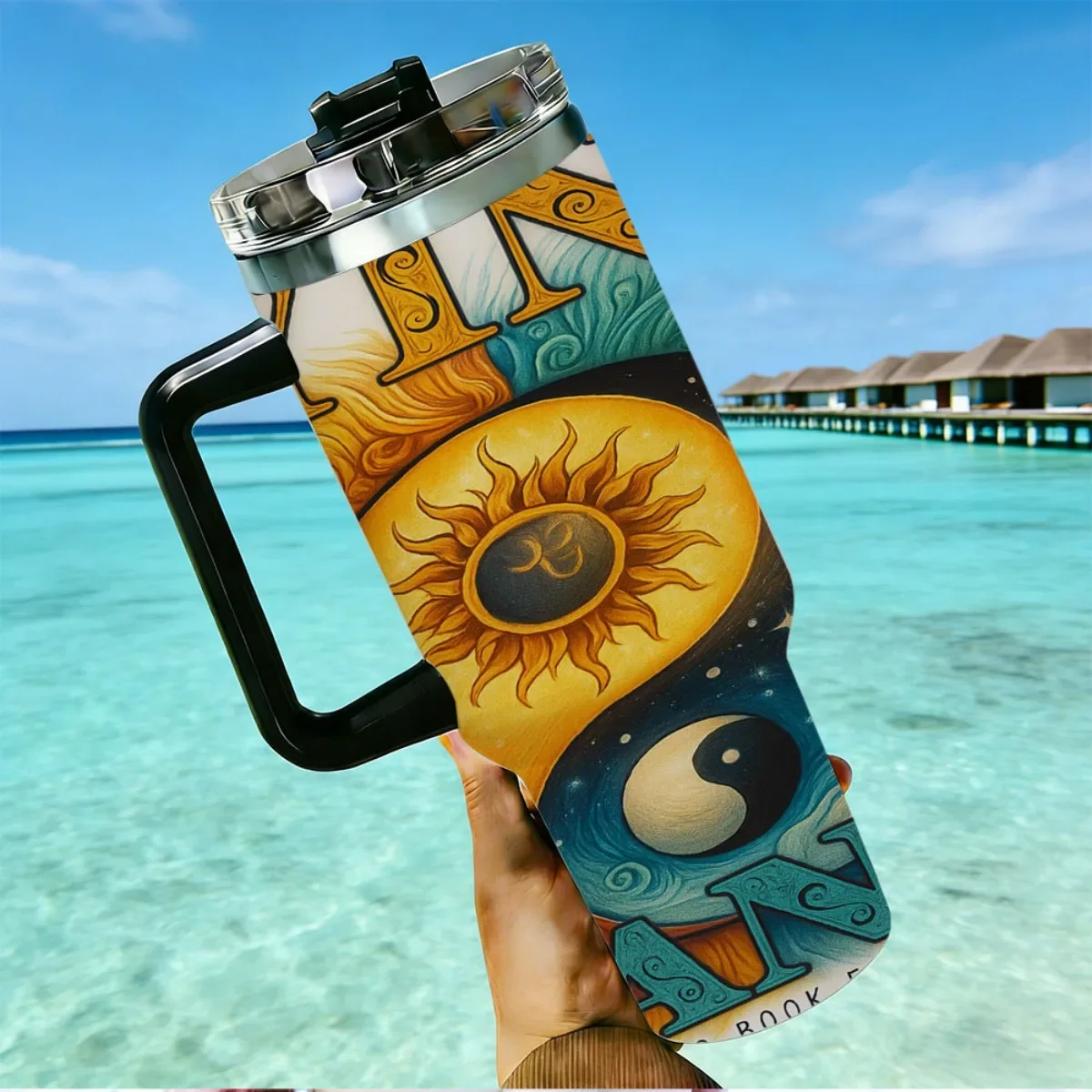 40oz Tumbler with Handle Yin Yang Sun Moon Print Insulated Cup, Other colors sold out, random black or white shipment for other color orders