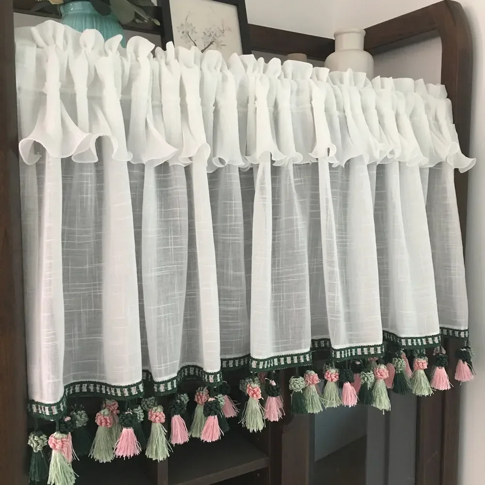 White Coffee Door Cotton Curtain Cloth Lace Pastoral Window Kitchen Store Partition Tassels Short Curtains for Living Room