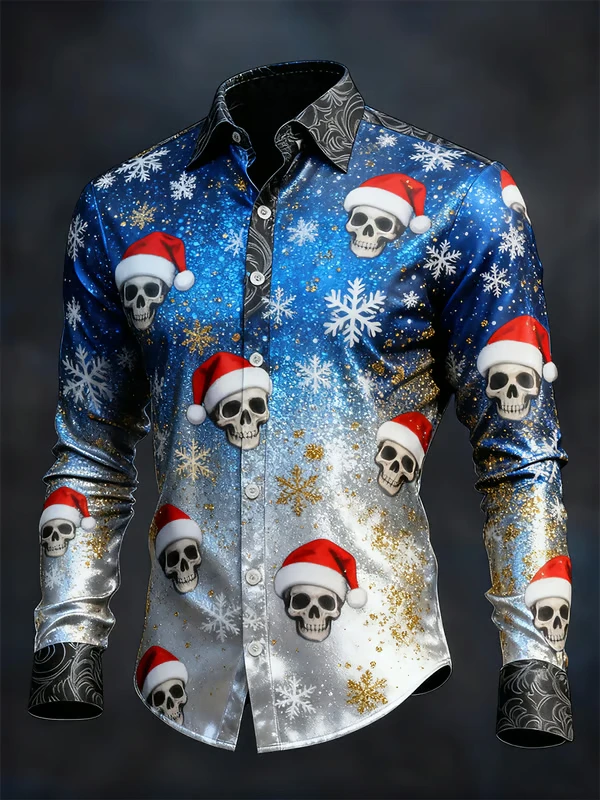 Gothic Christmas Skull Print Men's Long-Sleeve Shirt with Gradient Skull Print, Casual Fit, Perfect for Christmas Celebrations
