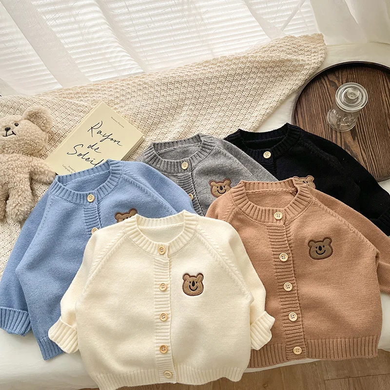 

Cute Bear Autumn Baby Knitted Coats KoreanChildren's Knitted Cardigan Jacket Long Sleeved Baby Top Baby Sweater Outdoor Wear