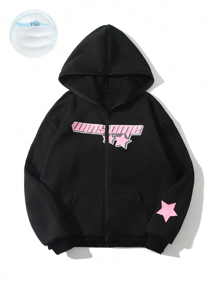 

Черная толстовка на молнии с розовым принтом в виде звезд, свободного кроя, из флиса, для повседневной носки