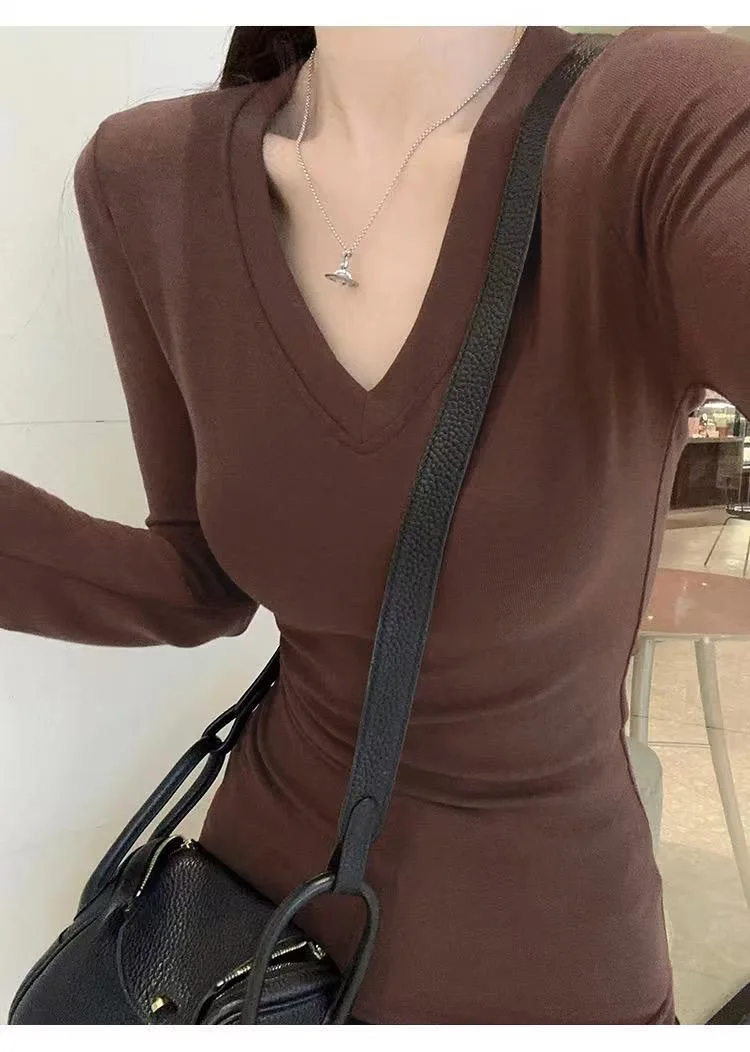 Soft Simple V Neck Slim T Shirt Base Blouse Undershirts Tight Top Women Threaded All-match Long Sleeve T Shirt Spring