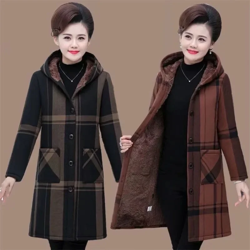 

Velvet Warm Winter Jacket Woman Hooded Single Breasted Pockets Designs Coat Mid Long Styles Casual Fashion Women's Parkas