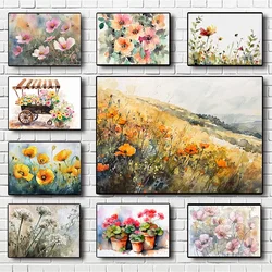 Watercolor Field Landscape Poster California Poppy Tuscany Painting Canvas Painting Nature Wall Art Picture Office Home Decor