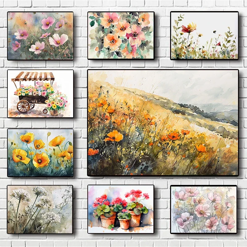 Watercolor Field Landscape Poster California Poppy Tuscany Painting Canvas Painting Nature Wall Art Picture Office Home Decor