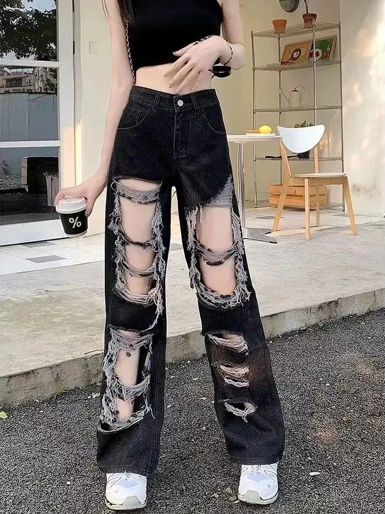 

Ladies US Style Streetwear Black Distressed Baggy Figure Flattering Straight Cut Wide Leg Dragging Long Denim Pants