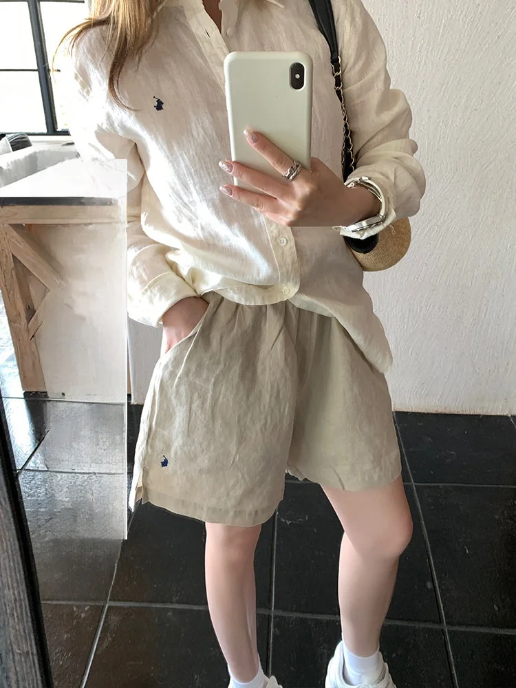 Slimming Effect Linen Short Pants with Embroidery Elastic Waist Wide Leg Ladies Summer Fashion Cleanfit High Waist Shorts