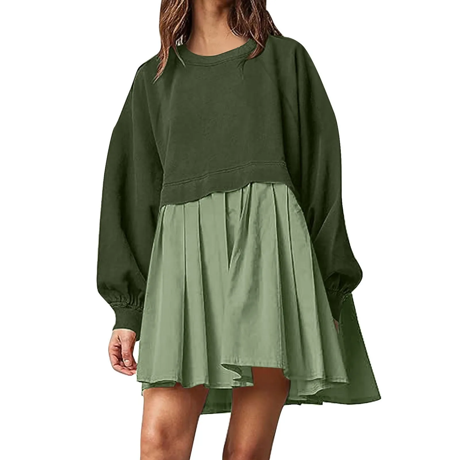 

Pleated Dress Skirt Autumn Fashion Women Mini Sweatshirt Dress Long Sleeve Crewneck Patchwork Color Oversized Pullover Robe