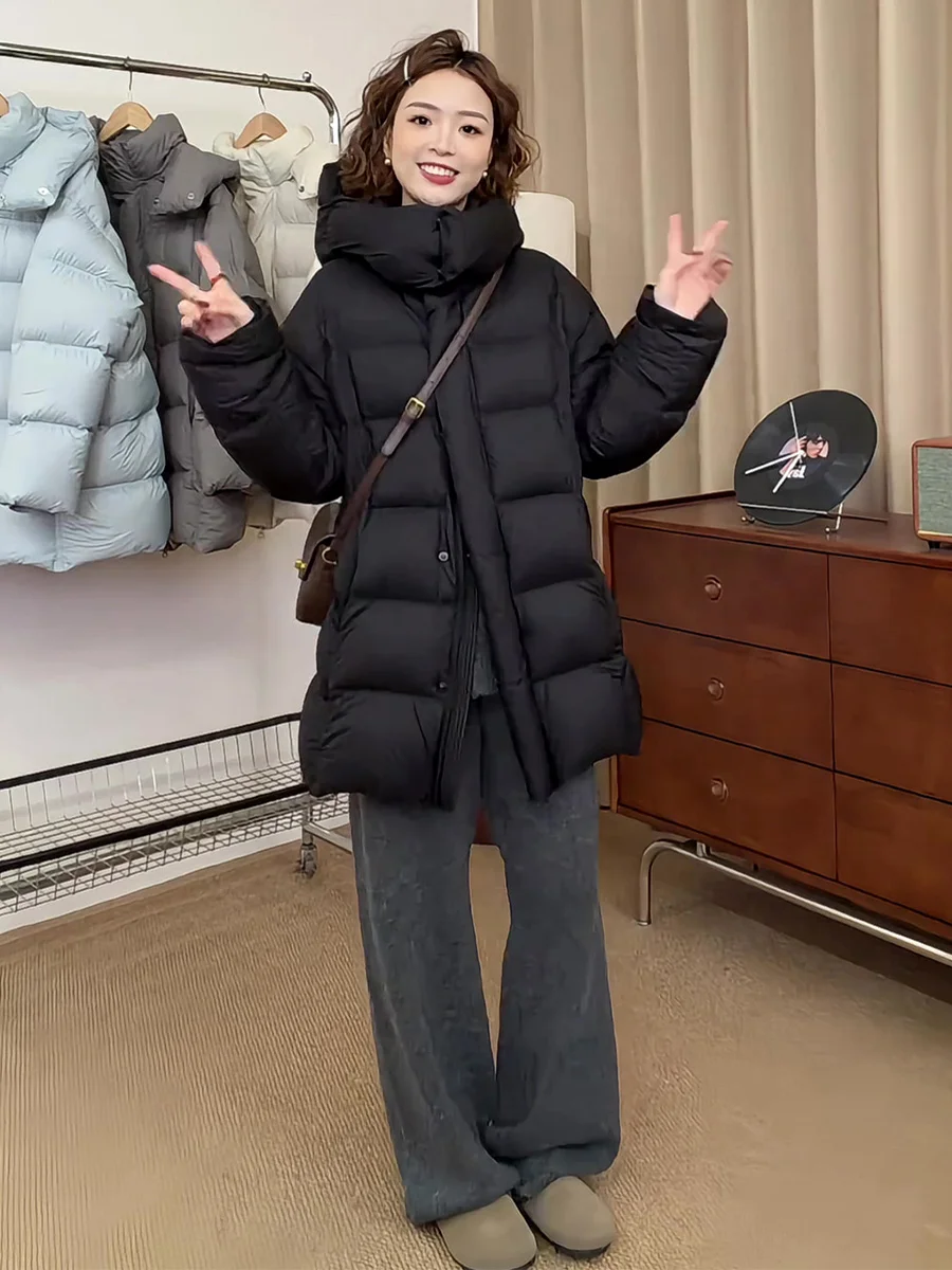 

Faionable Casual Hooded Mid-Length Women's down Jaet 2026 Winter Bla Loose White Du Feather Warm Slimming Coat